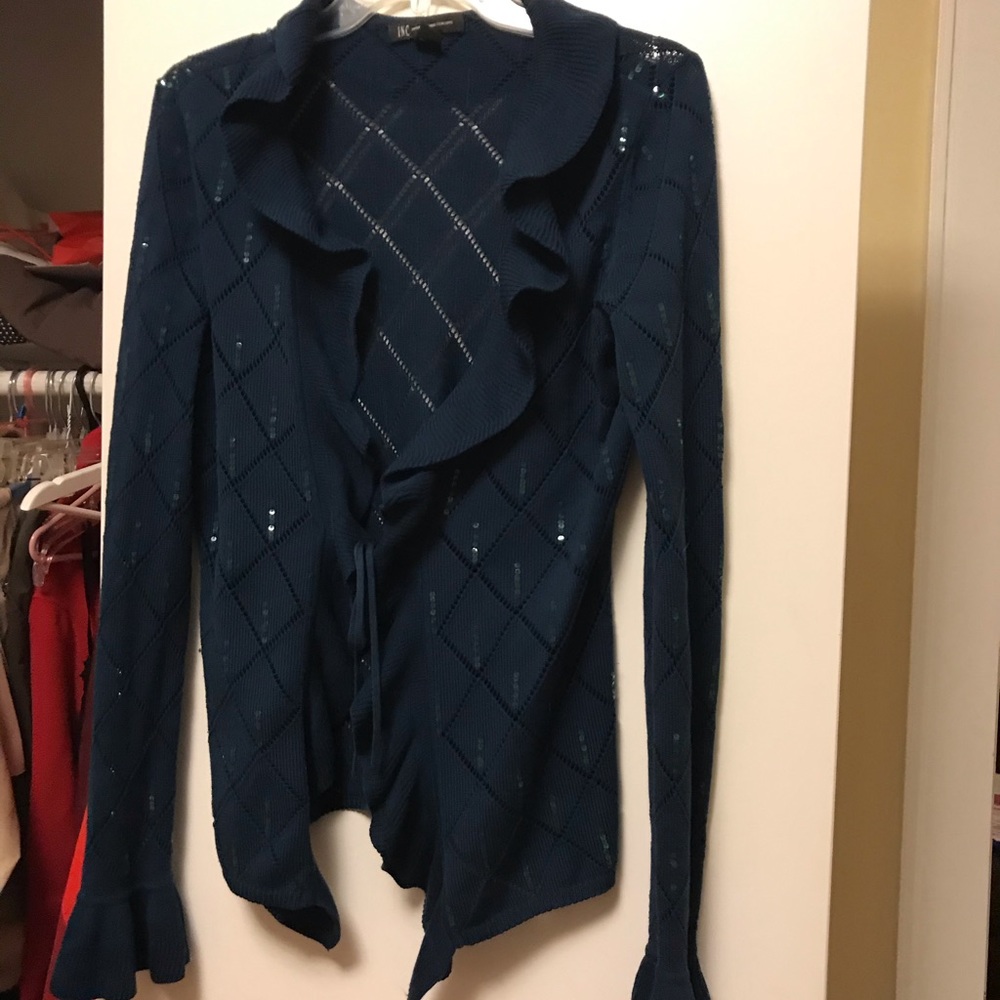 INC International Concepts Teal Diamond Openwork Ruffle Cardigan with Sequins